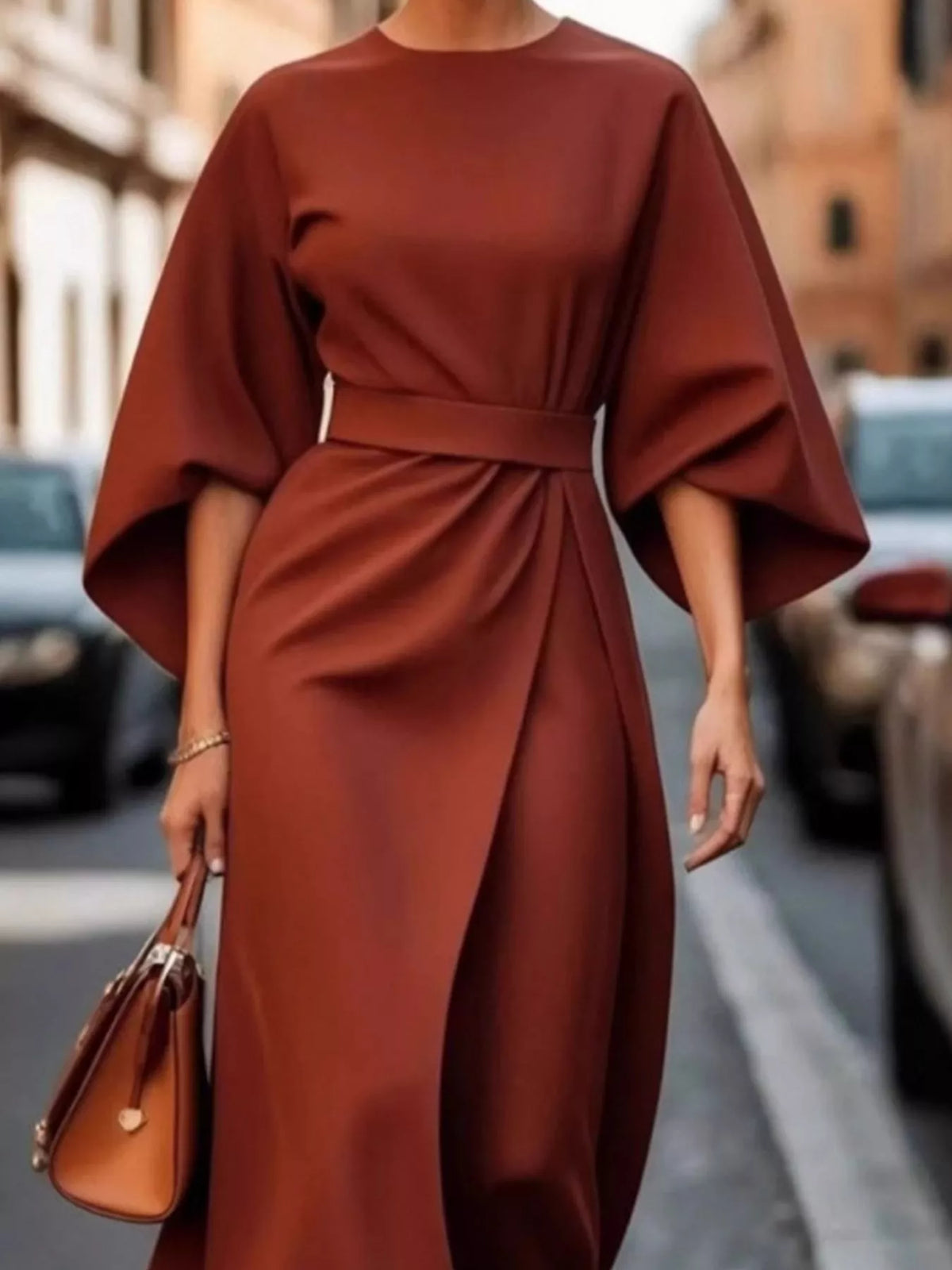 Full Sleeve Kimono Sleeves Round Neck Midi Dress Plus Size