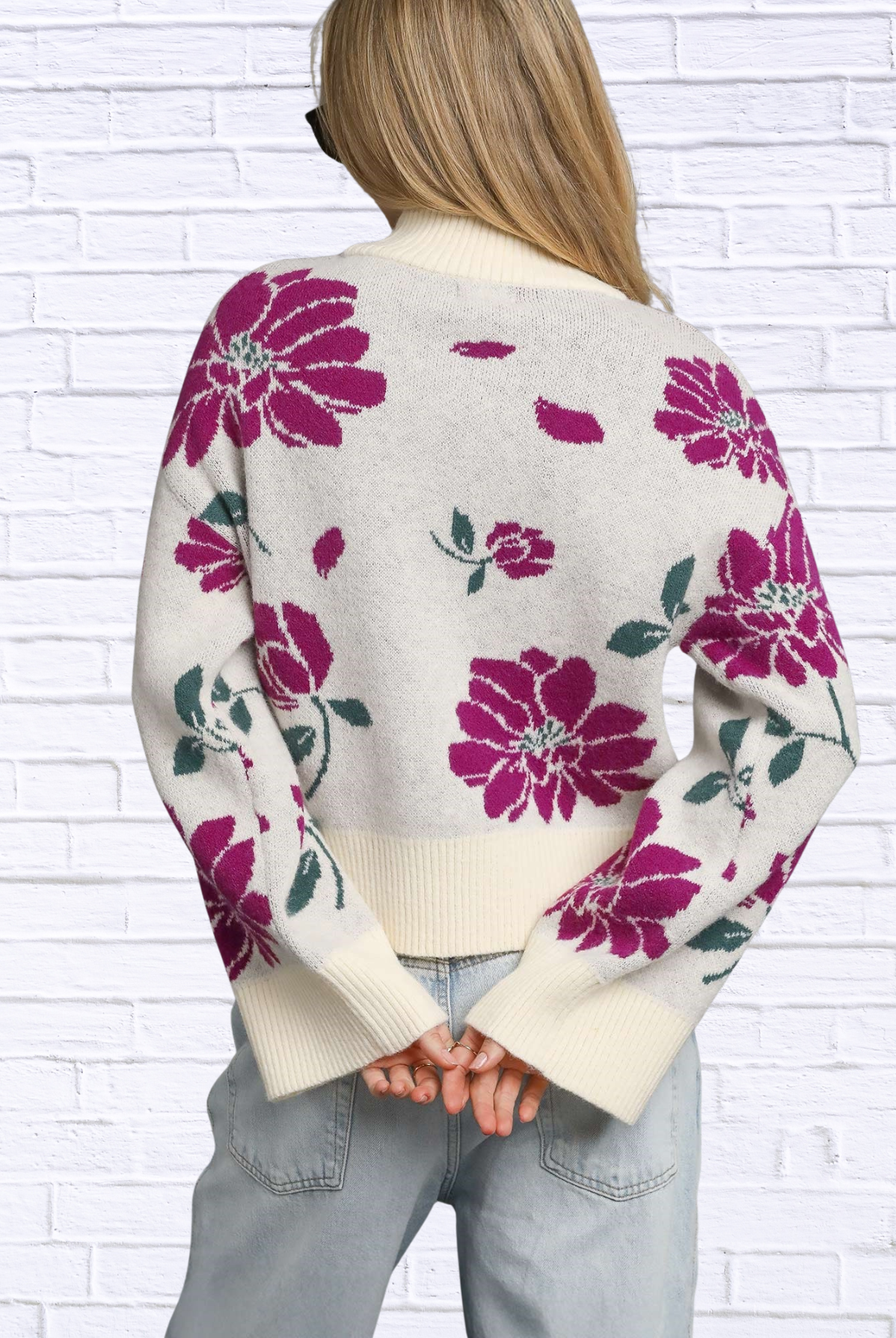 Umgee Floral Patterned Mock Neck Sweater