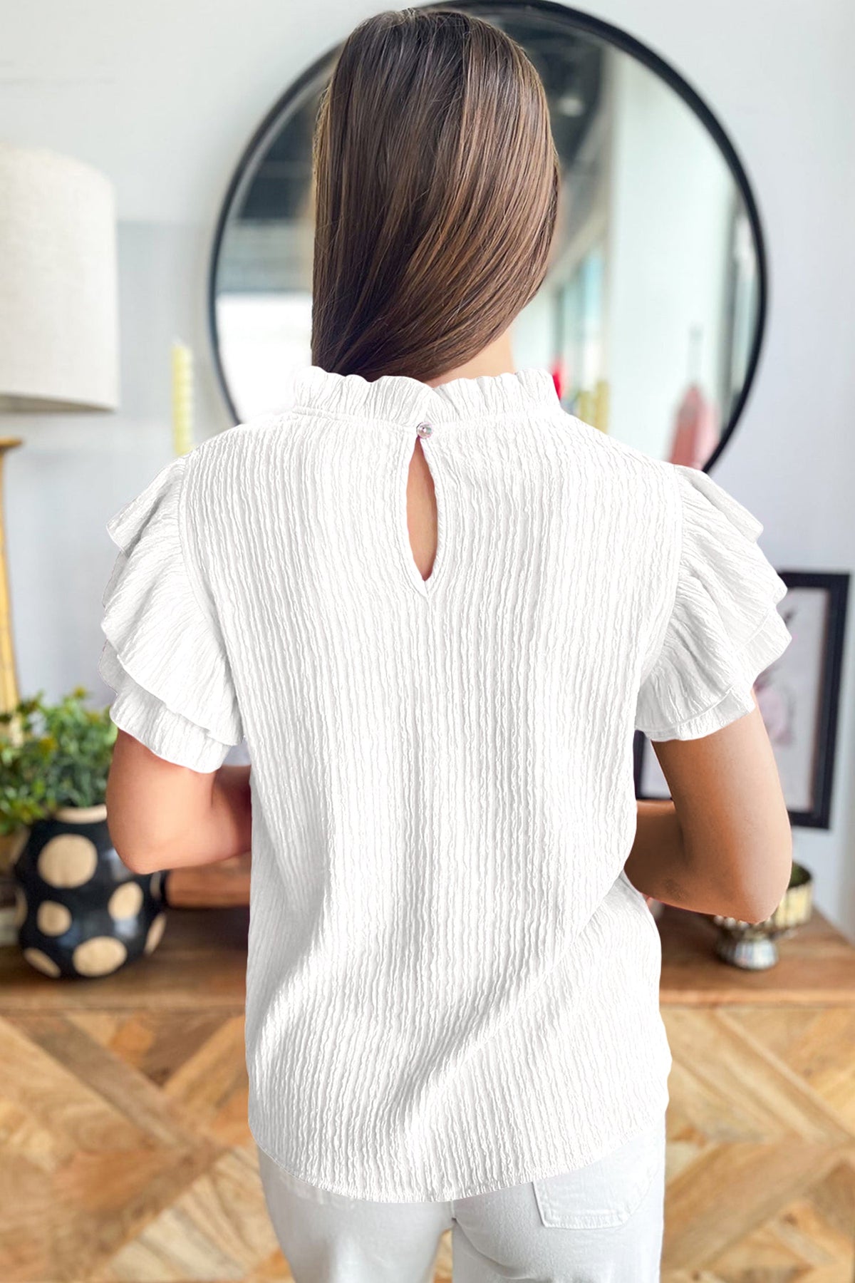 White Solid Color Textured Ruffle Trim Short Sleeve Blouse