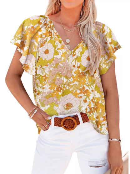 Full Size Floral Print Flutter Sleeve V-Neck Blouse Plus Size