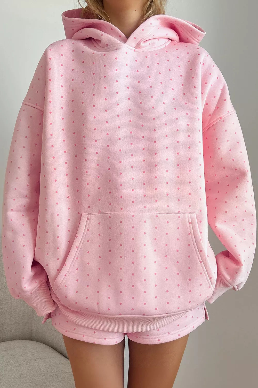Polka Dot Printed Oversized Hoodie Casual Shorts 2pcs Set