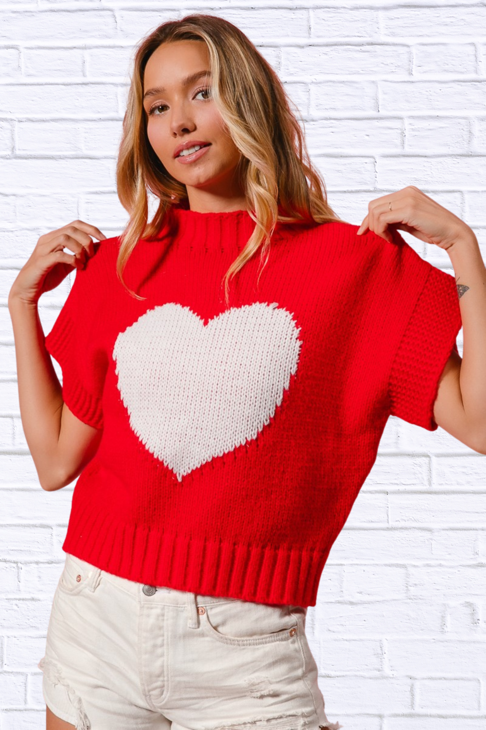 BiBi Rib Banded Heart Pattern Valentines Sweater