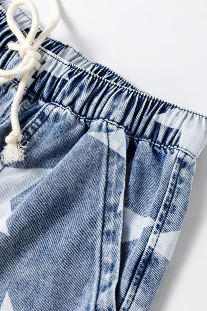 Star Print Washed Drawstring High Waist Wide Leg Jeans