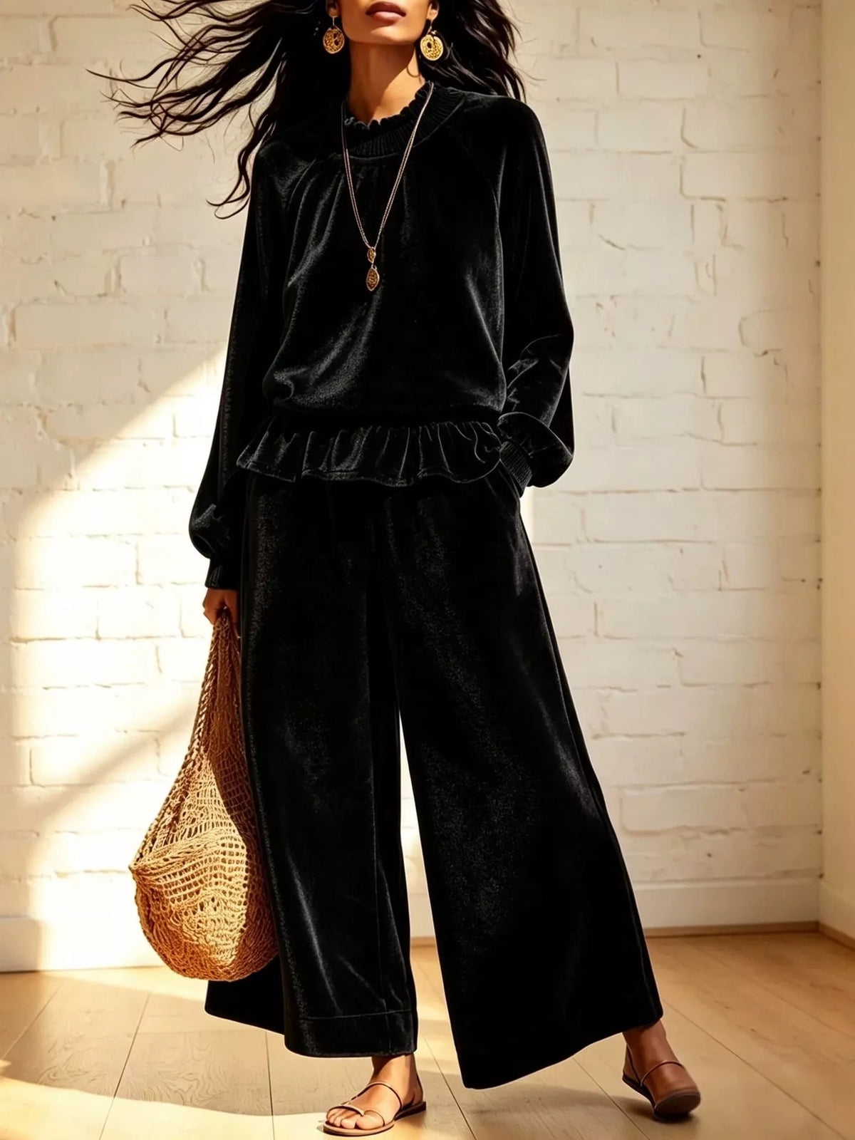 Velvet Ruffled Hem Top and Wide-Leg Pants Set