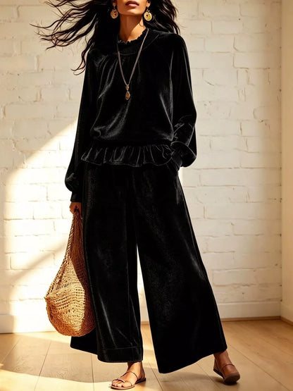 Velvet Ruffled Hem Top and Wide-Leg Pants Set