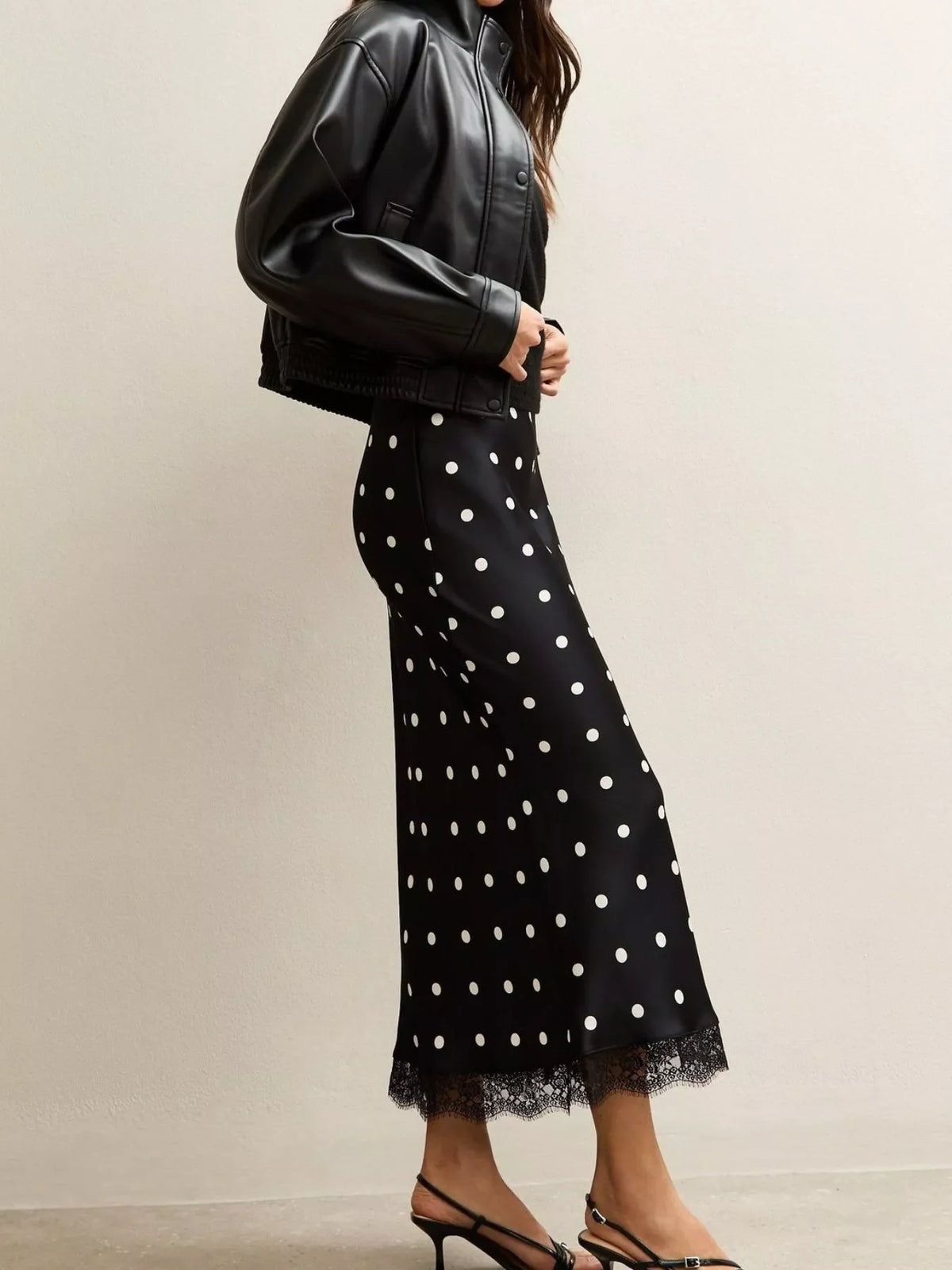 Polka Dot Midi Skirt with Lace Trim