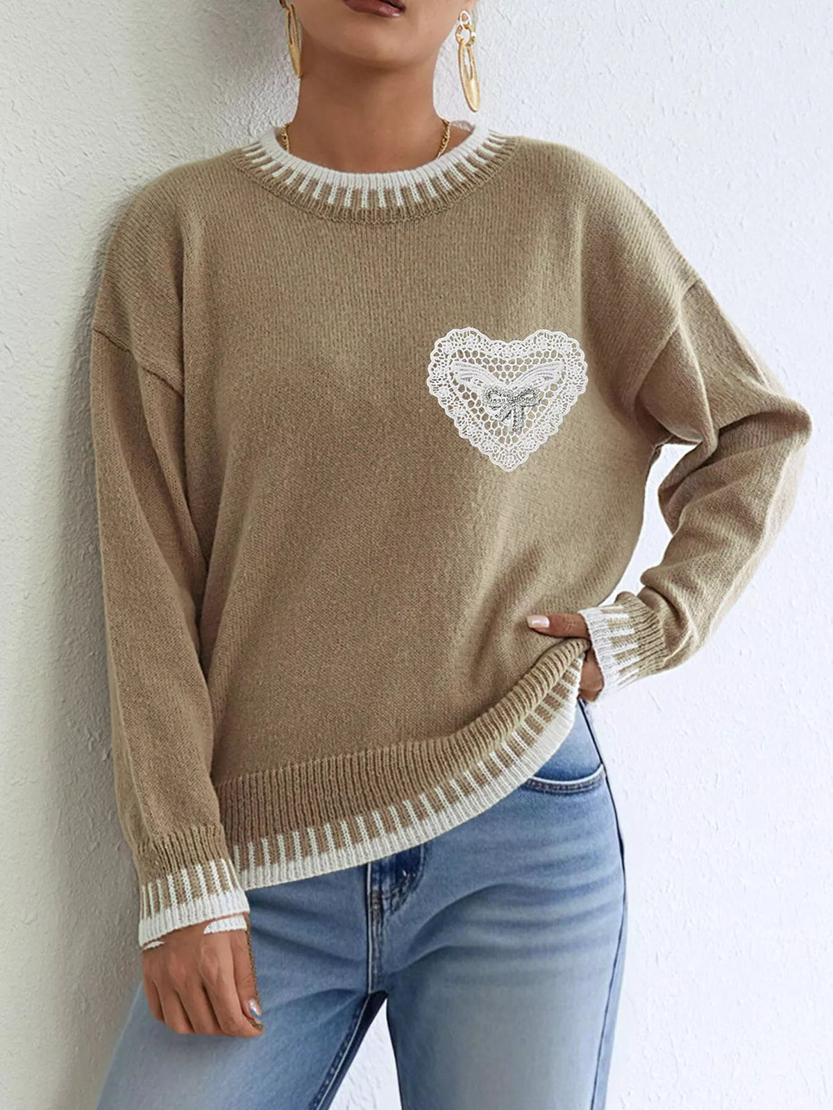 Lace Heart Contrast Trim Sweater