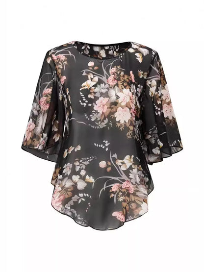Sheer Floral Print Round Neck Blouse