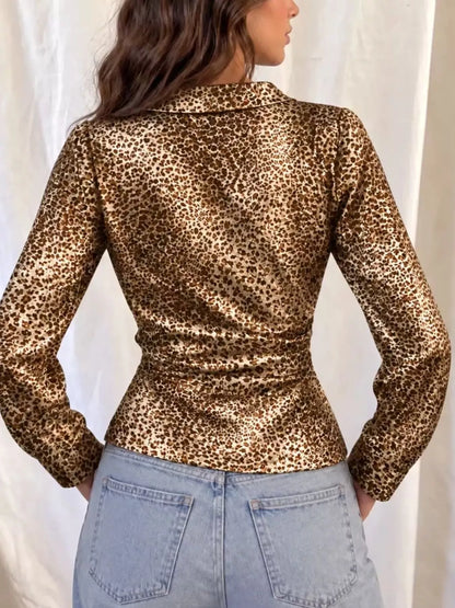 Leopard Print Wrap Blouse With Long Sleeves