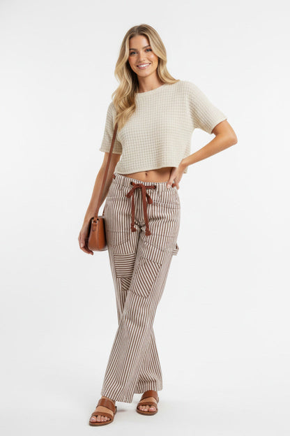 BiBi Drawstring Striped Twill Barrel Pants