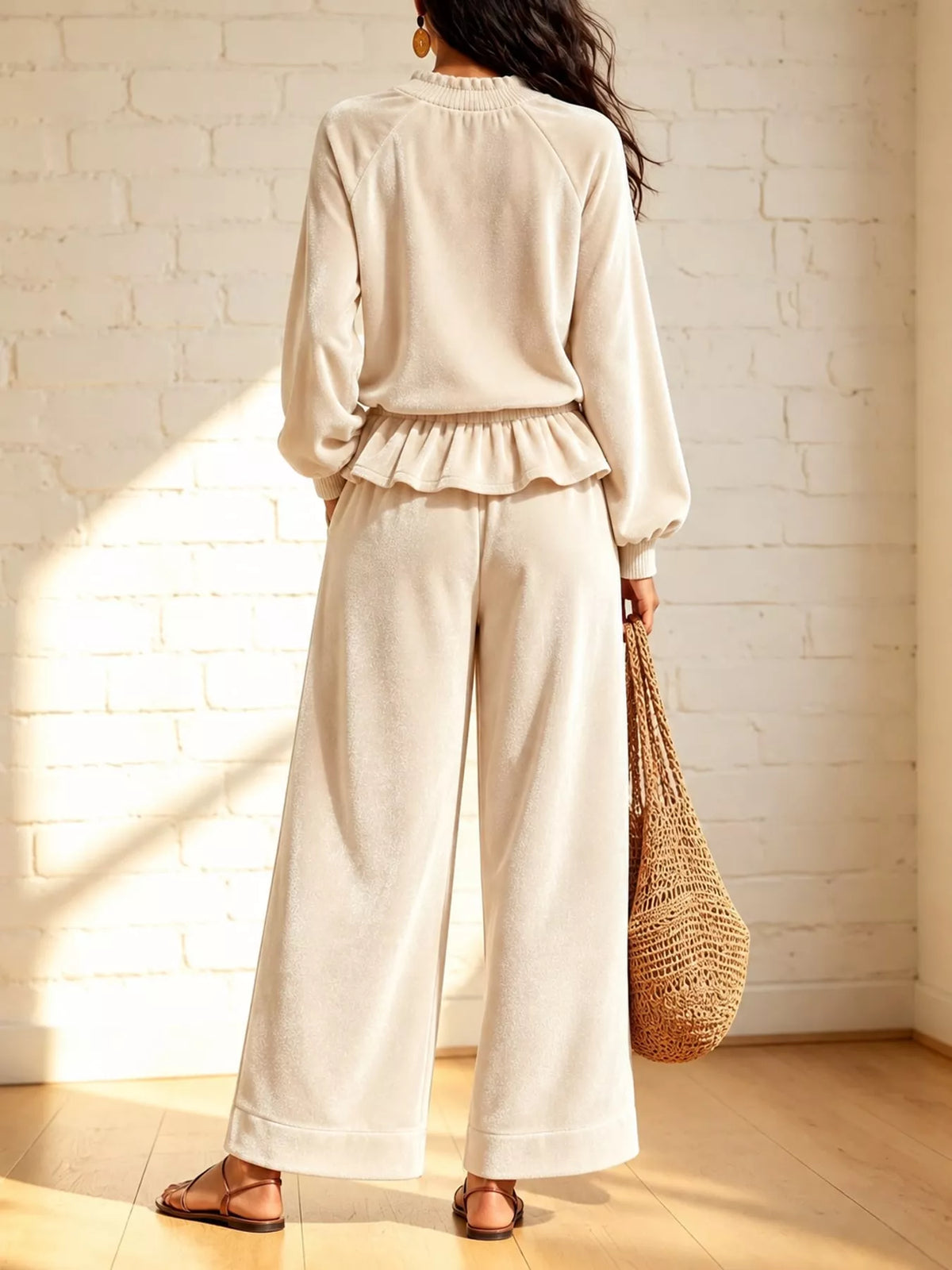 Velvet Ruffled Hem Top and Wide-Leg Pants Set