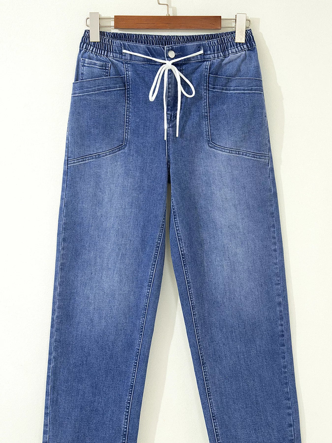 Drawstring Waist Ankle Length Casual Jeans Regular Fit Pocket Detail Jeans