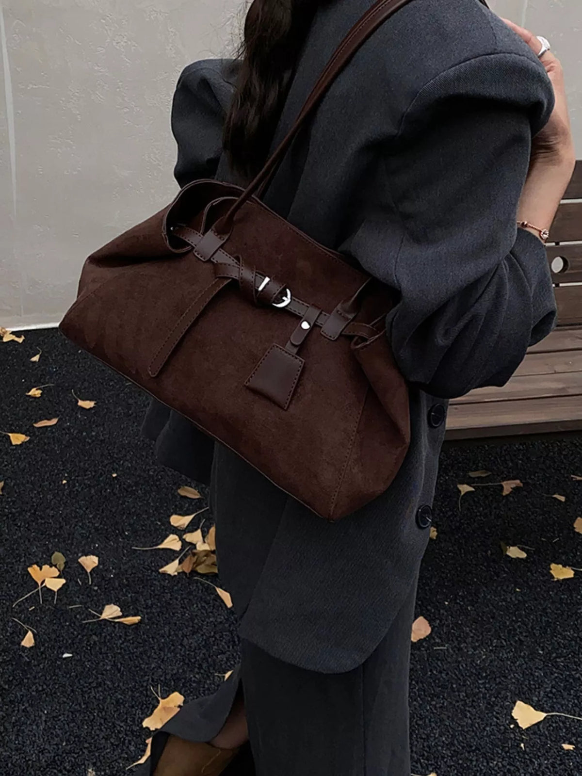 Suede Decorative Belt Buckle Shoulder Bag
