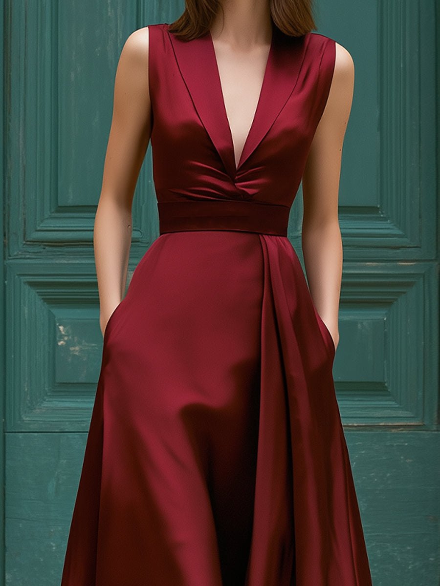 Red Satin Sleeveless V-Neck Midi Dress With Draped Skirt