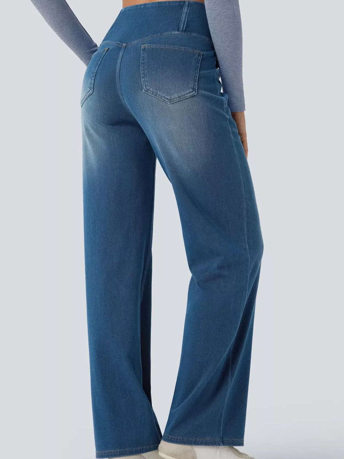 High Waisted Stretch Jeans with Crossover Waist | Straight Leg