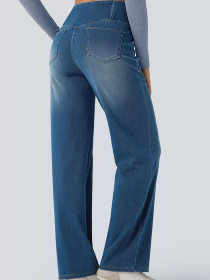 High Waisted Stretch Jeans with Crossover Waist | Straight Leg
