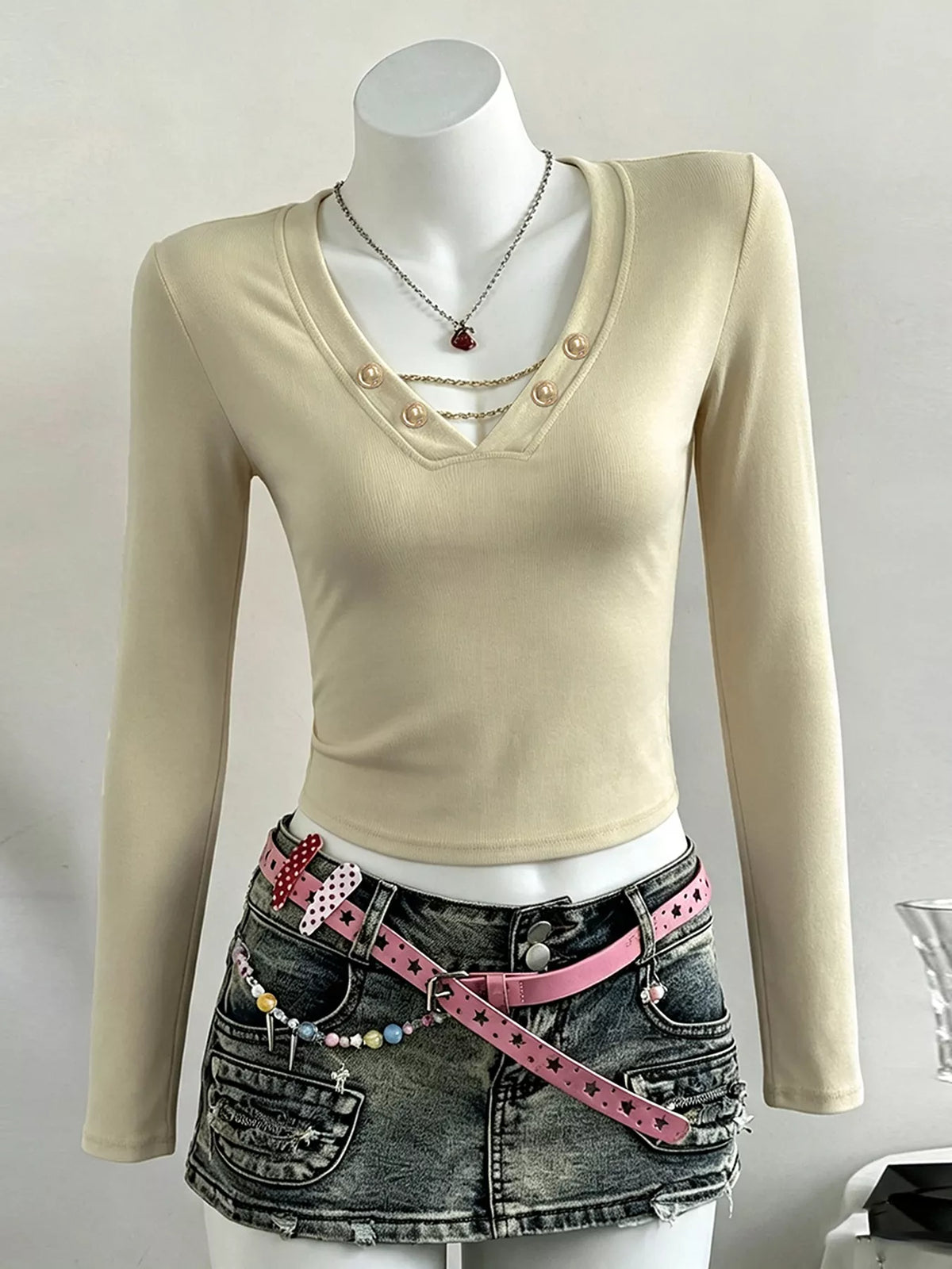 Decorative Pearl Buttons V-Neck Long Sleeve T-Shirt