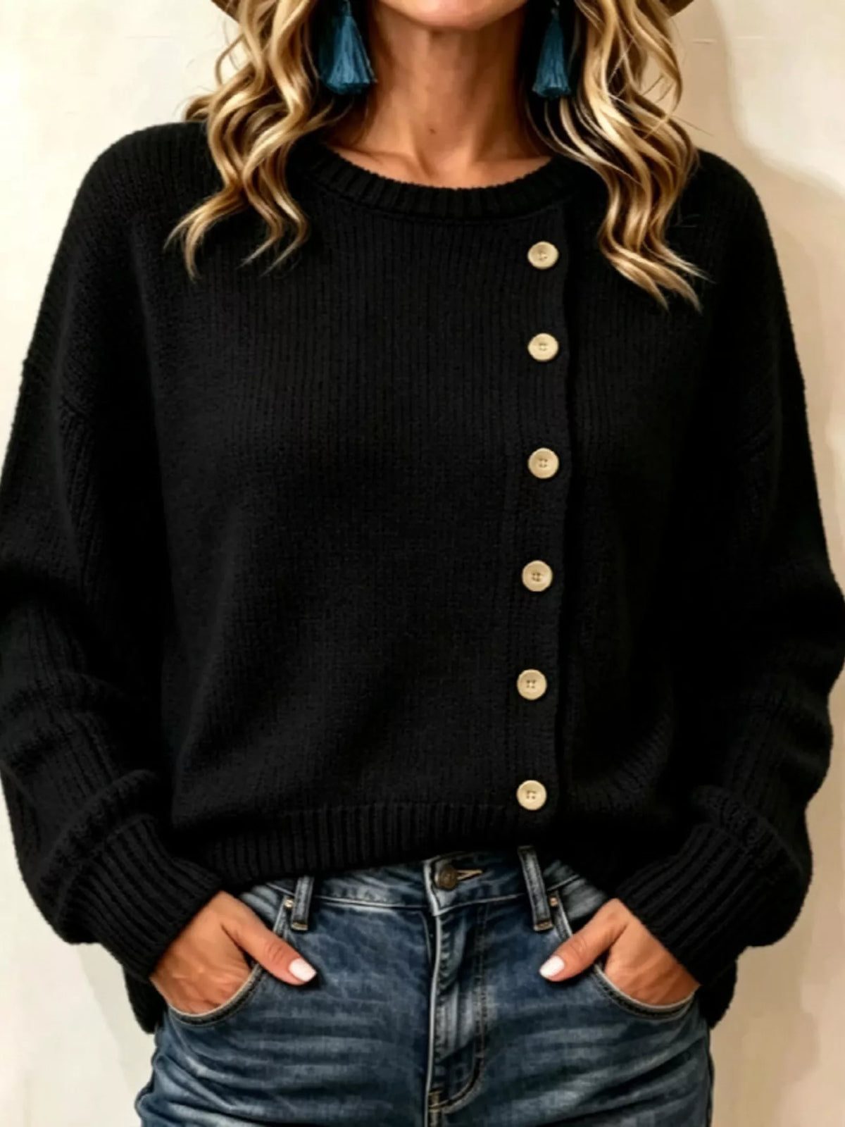 Decorative Button Dropped Shoulder Sweater