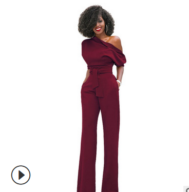 Solid Color Wide Leg Jumpsuit Red-1