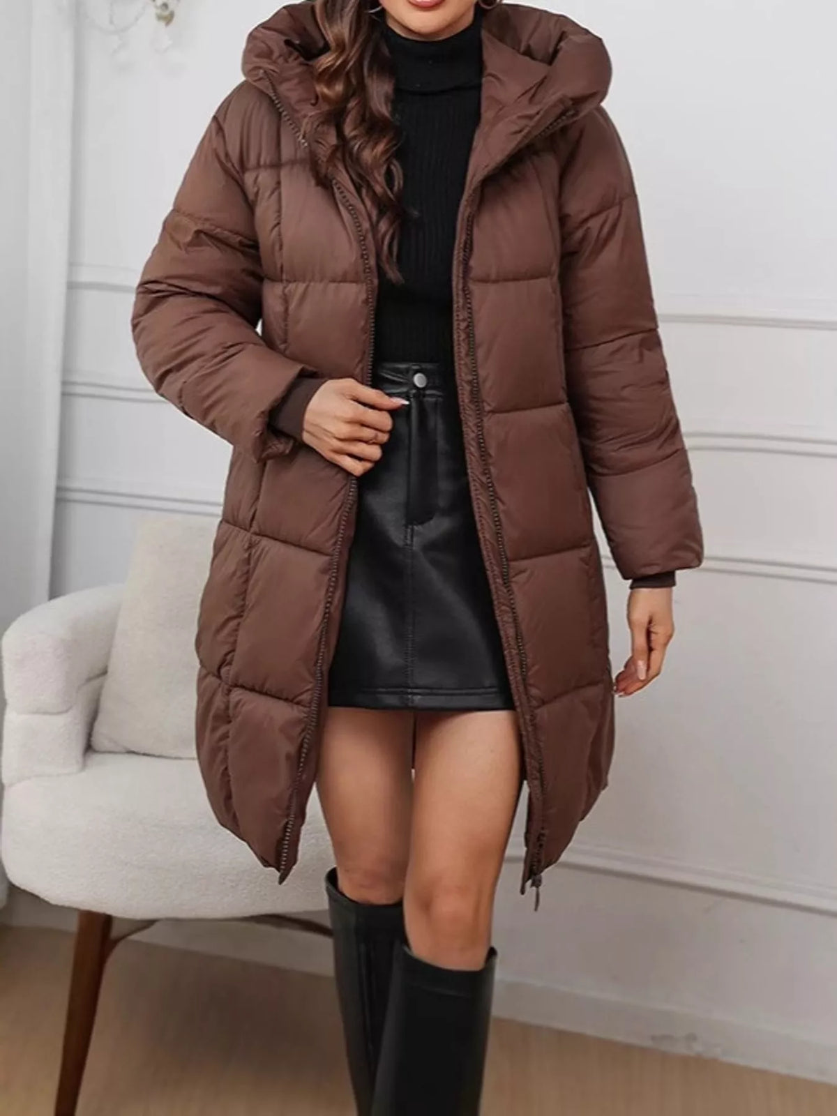 Full Size Zip Up Hooded Longline Puffer Outerwear Plus Size