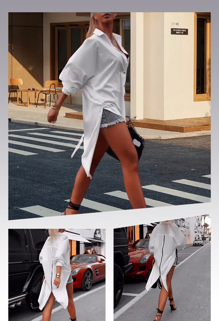 Solid color lapel slit casual shirt White S