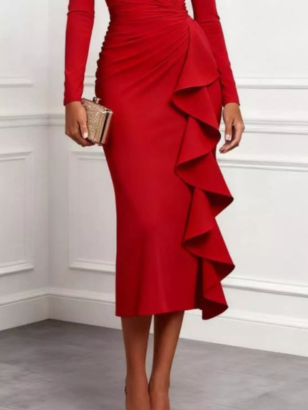 Ruffled Surplice Long Sleeve Dress