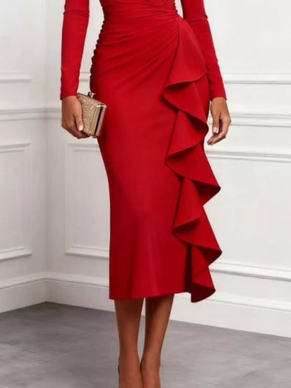 Ruffled Surplice Long Sleeve Dress