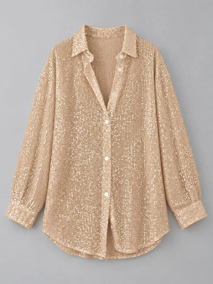 Full Size Sequin Button Up Long Sleeve Shirt Plus Size