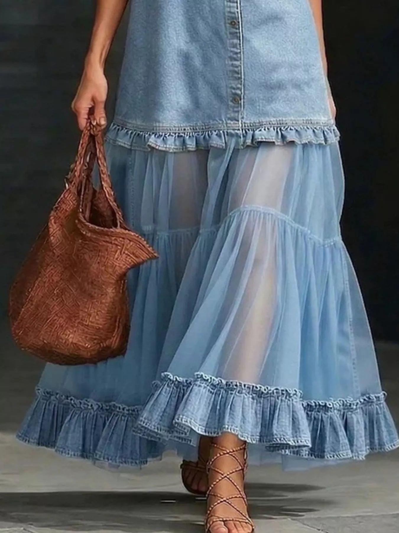 Full Size Ruffle Hem Sleeveless Sheer Tulle Denim Dress Plus Size