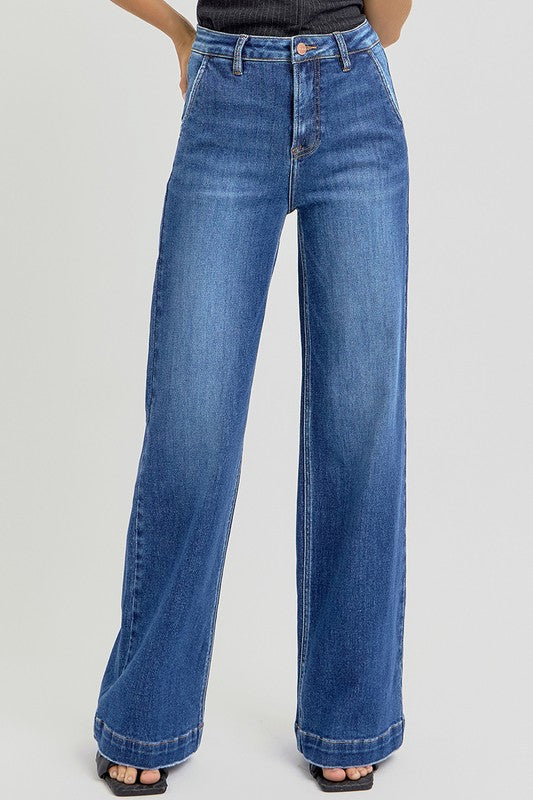 Risen Full Size High Rise Wide Leg Jeans With Slanted Pockets