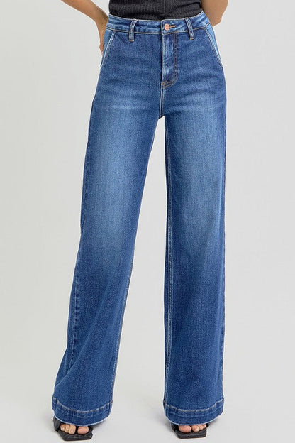 Risen Full Size High Rise Wide Leg Jeans With Slanted Pockets
