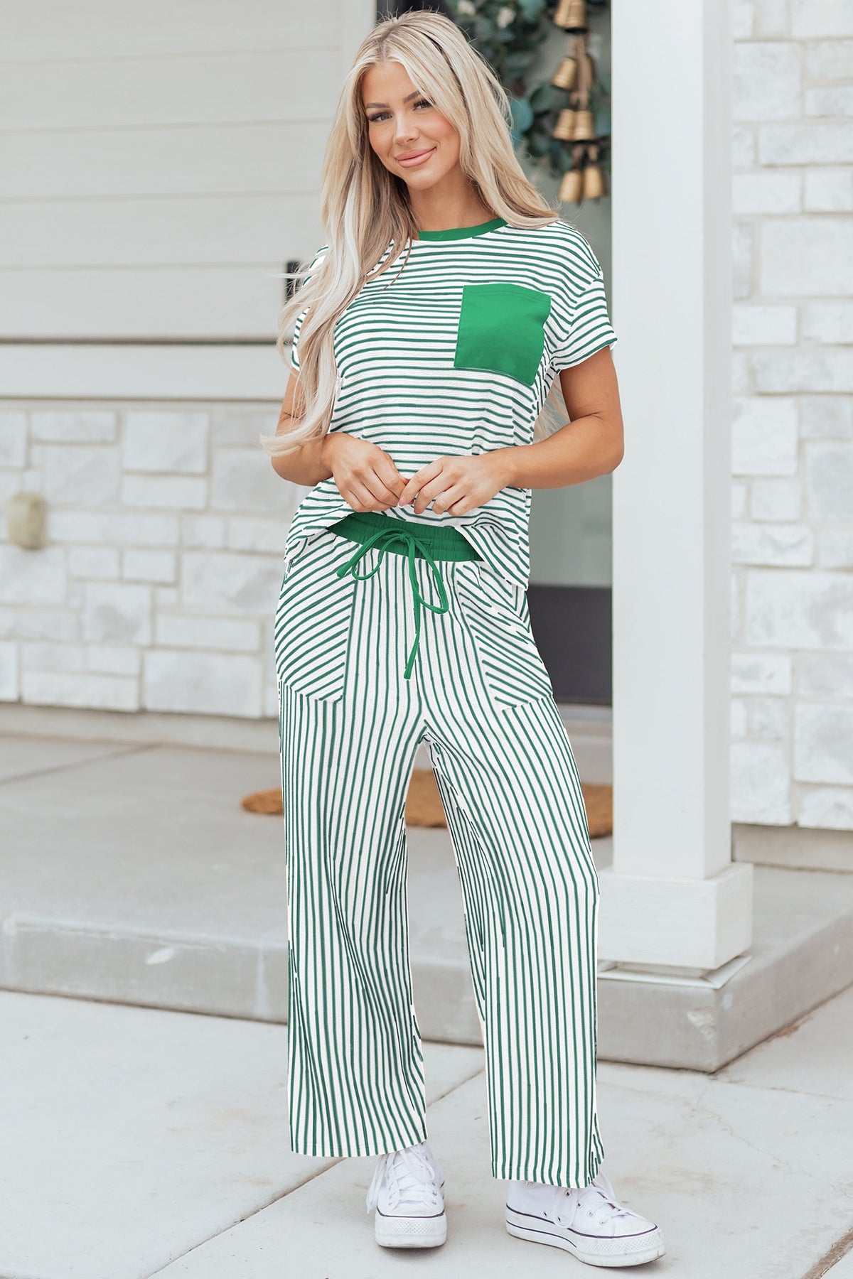 Sky Blue Stripe Crew Neck Tee Drawstring Waist Cropped Pants Set
