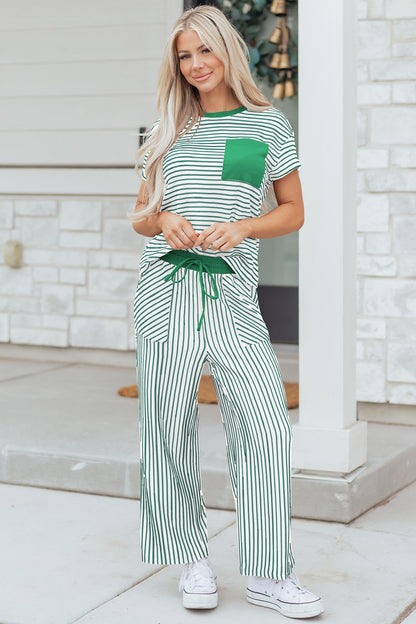 Sky Blue Stripe Crew Neck Tee Drawstring Waist Cropped Pants Set