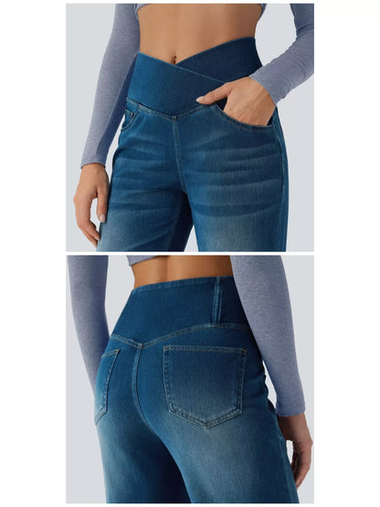 High Waisted Stretch Jeans with Crossover Waist | Straight Leg