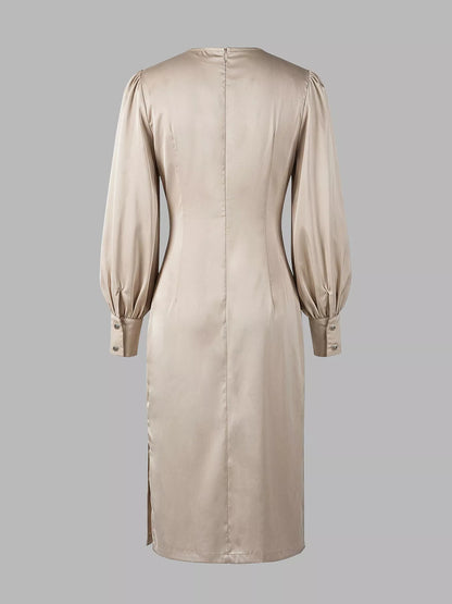 Long Sleeve Satin Ruched Midi Dress