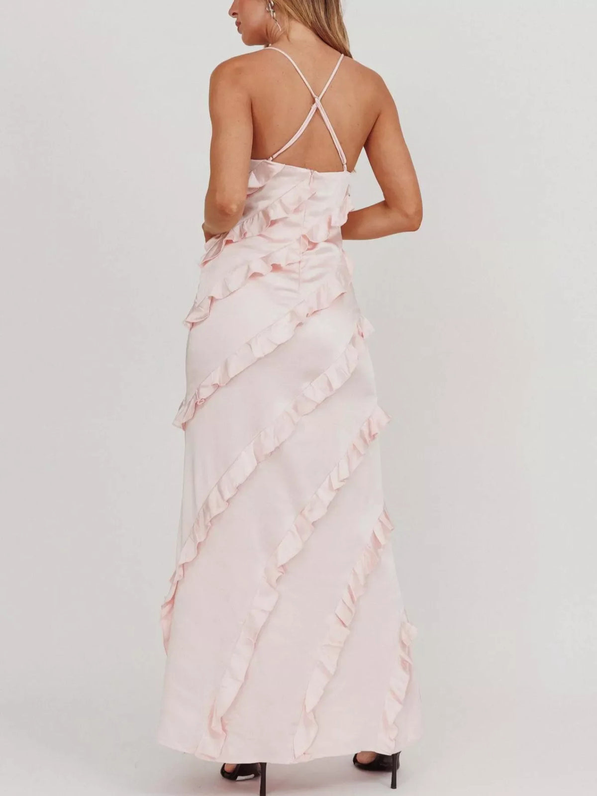 Spaghetti Strap Ruffled Maxi Dress for Women | Flowy Summer Dress with Zipper | Elegant Vacation & Evening Dress