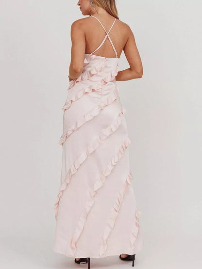 Spaghetti Strap Ruffled Maxi Dress for Women | Flowy Summer Dress with Zipper | Elegant Vacation & Evening Dress