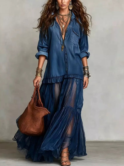 Full Size Sheer Tiered Long Sleeve Maxi Dress Plus Size