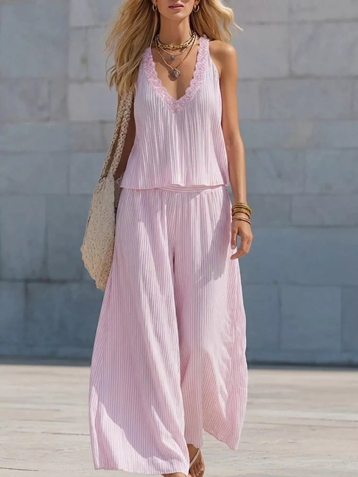 Striped V-Neck Tank and Wide-Leg Pants Set