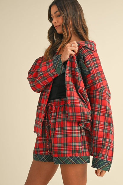 Annie Wear Contrast Plaid Long Sleeve Top And Shorts Pajama Set