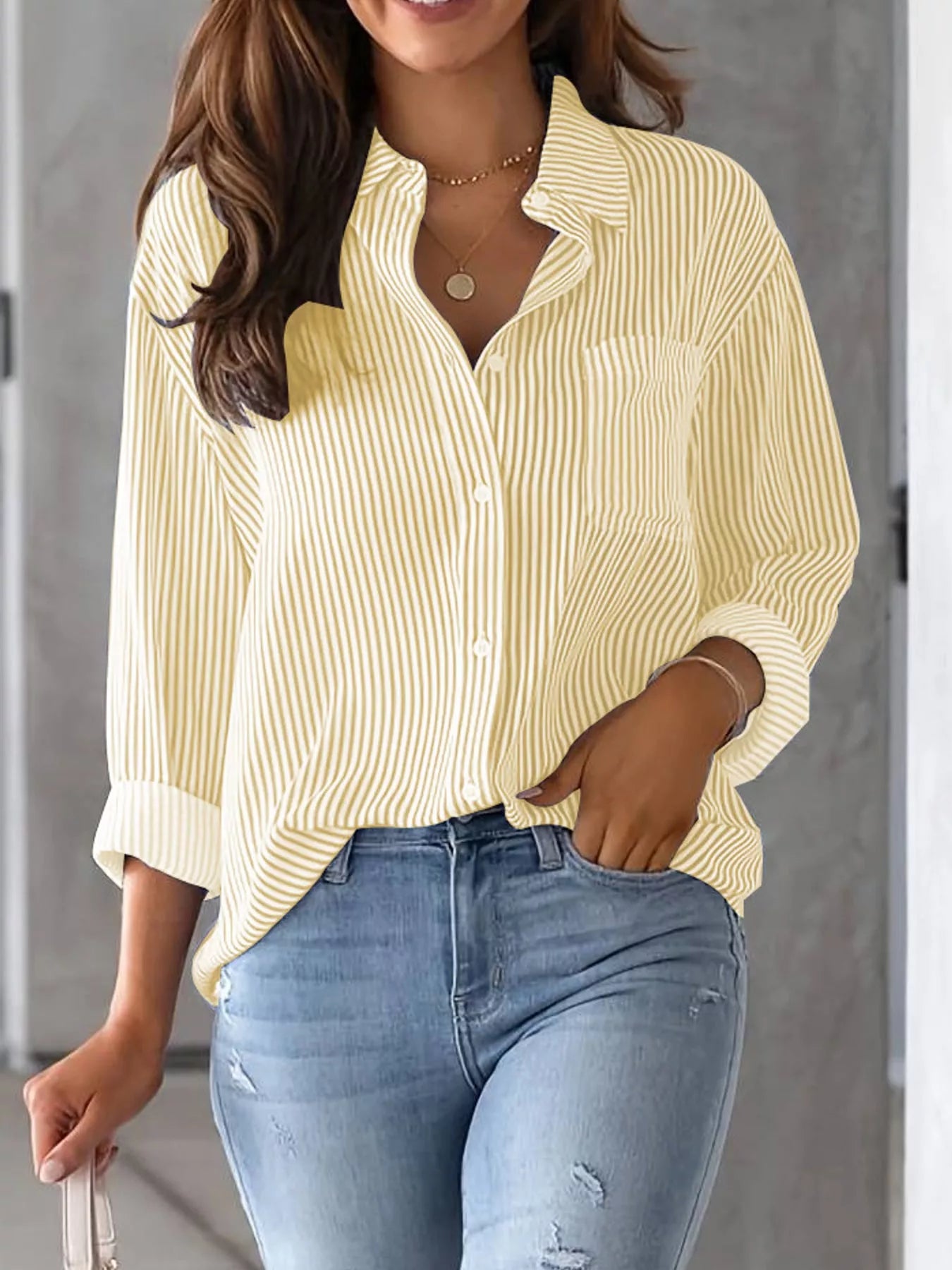 Full Size Striped Button-Down Long Sleeve Shirt Plus Size