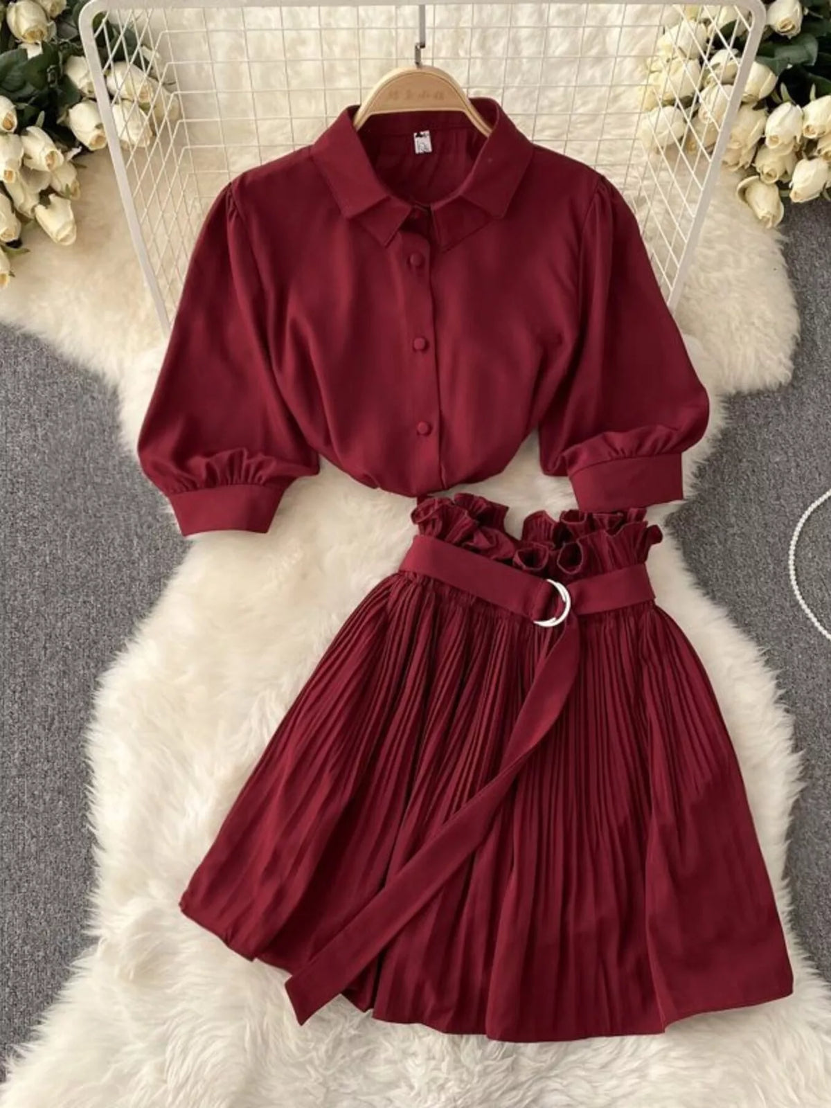 Puff Sleeve Shirt and Pleated Skirt Set