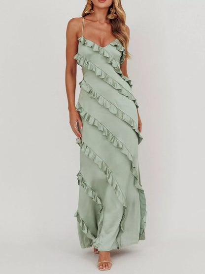 Spaghetti Strap Ruffled Maxi Dress for Women | Flowy Summer Dress with Zipper | Elegant Vacation & Evening Dress