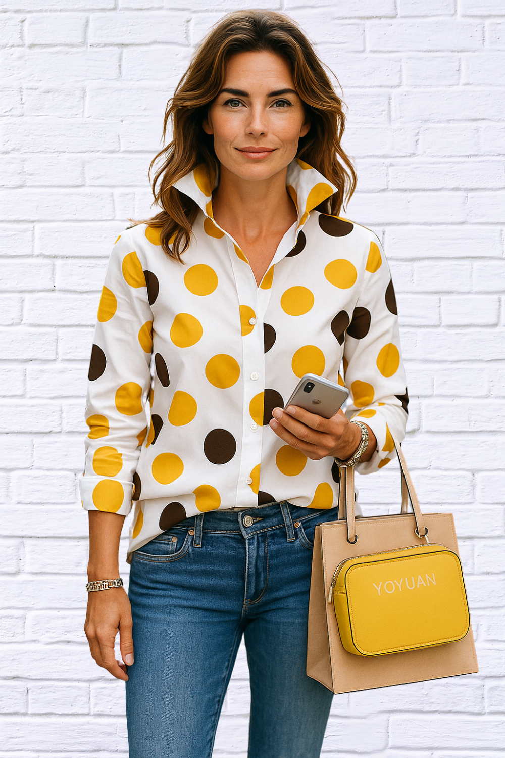 Polka Dot Asymmetrical Shirt with Flared Sleeve Large
