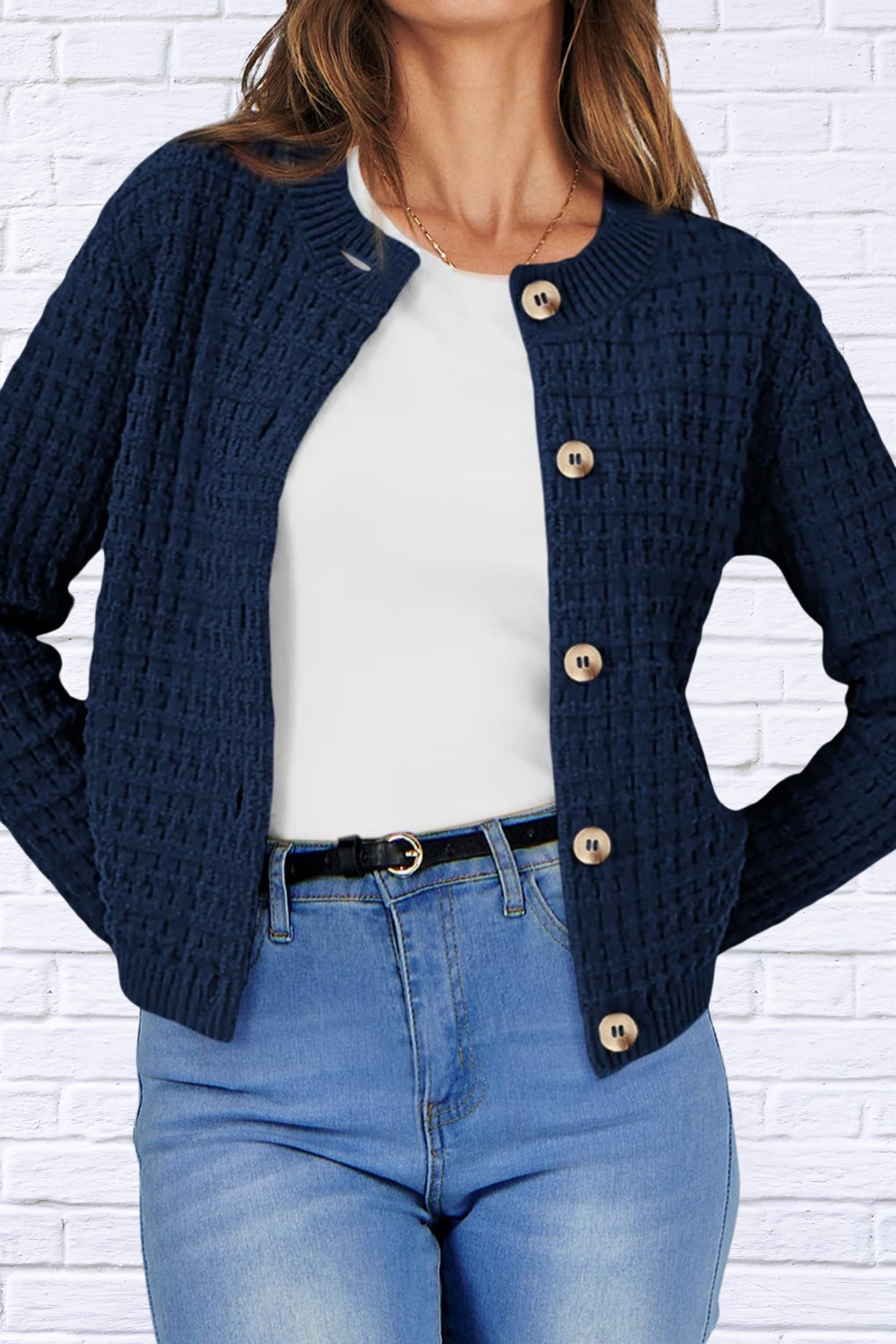 Textured Knit Button-Front Cardigan Navy Blue
