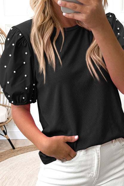 Pearl Detail Round Neck Short Sleeve Blouse