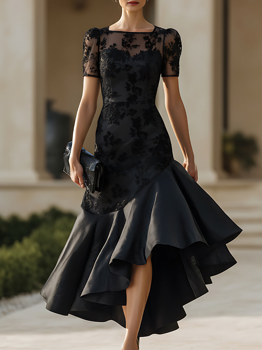 Sheer Neckline High-Low Midi Dress With Sculpted Silhouette Black
