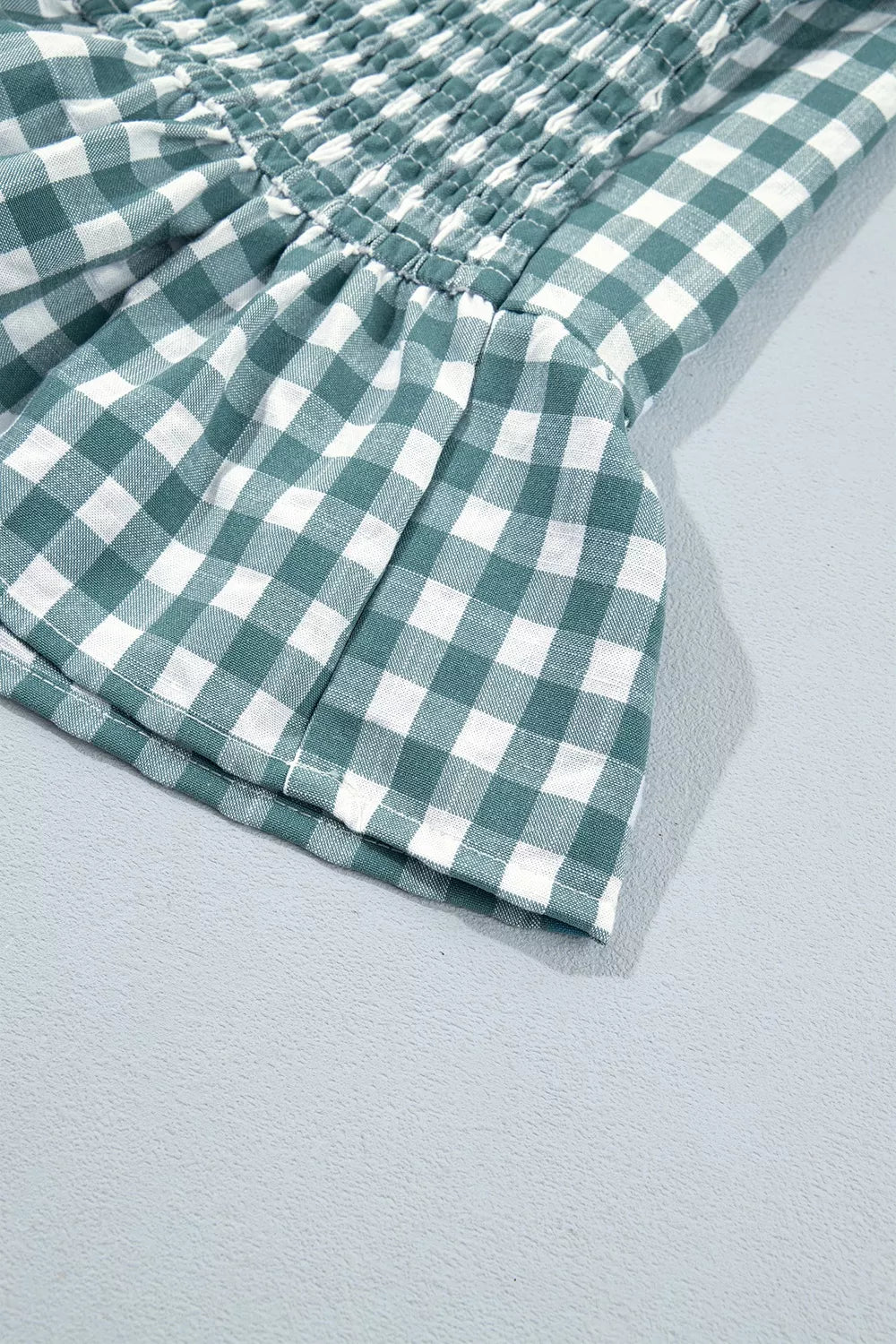 3/4 Sleeve Shirred Plaid Peplum Top