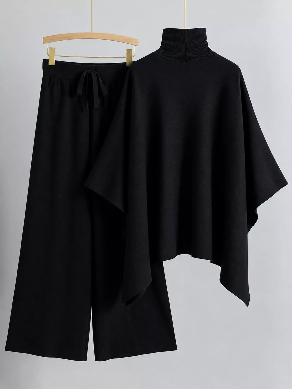Turtleneck Poncho Pants Set with Wide-Leg Knit Pants