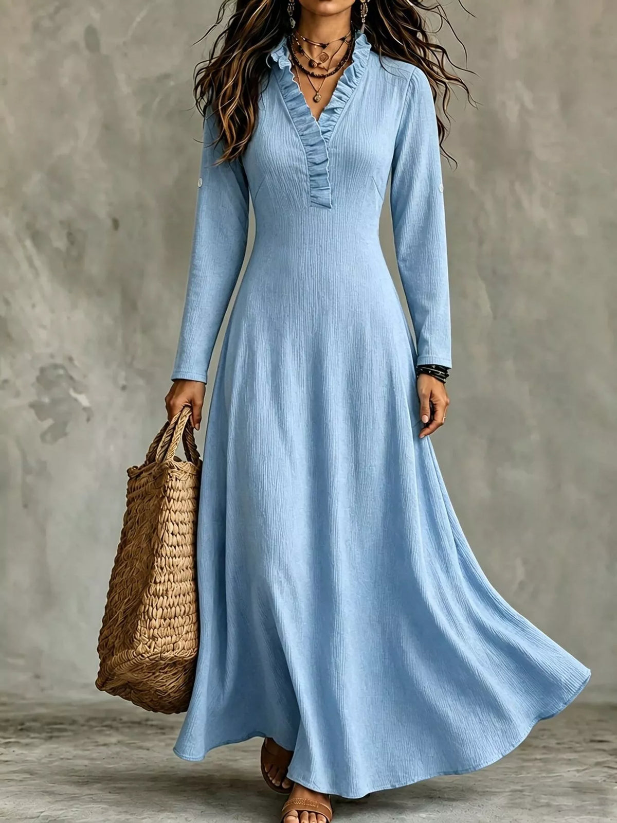 Plus Size V-Neck Maxi Dress with Roll-Up Sleeves